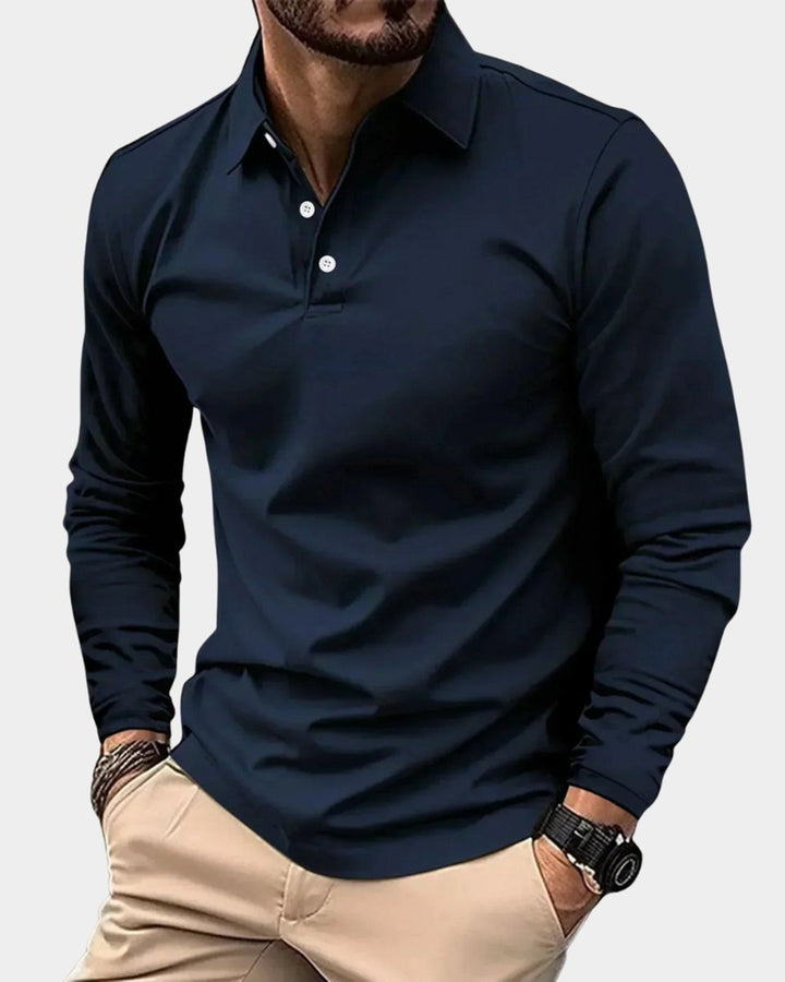 Men's Slim-Fit Henley Long-Sleeve Polo Shirt Smart-Casual Button Collar