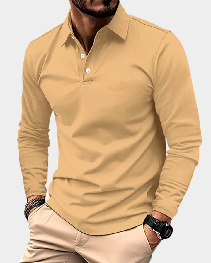 Men's Slim-Fit Henley Long-Sleeve Polo Shirt Smart-Casual Button Collar