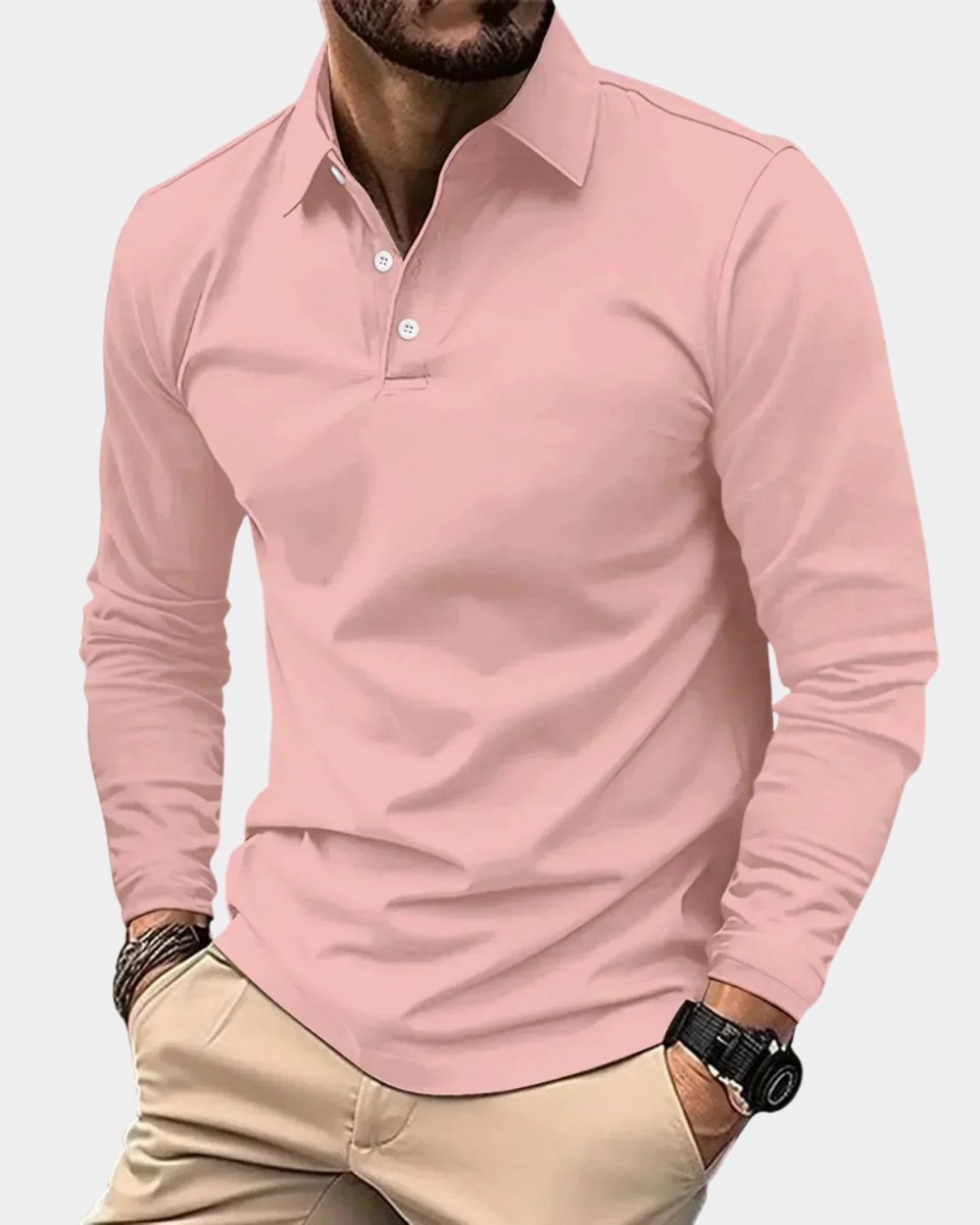 Men's Slim-Fit Henley Long-Sleeve Polo Shirt Smart-Casual Button Collar