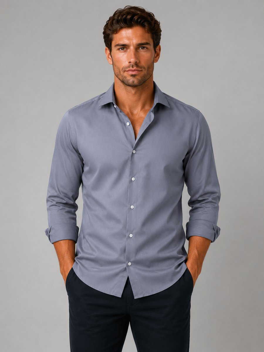 Men's Slim Fit Long-Sleeve Henley Dress Shirt Smart Formal