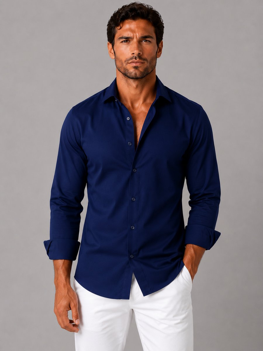 Men's Slim Fit Long-Sleeve Henley Dress Shirt Smart Formal