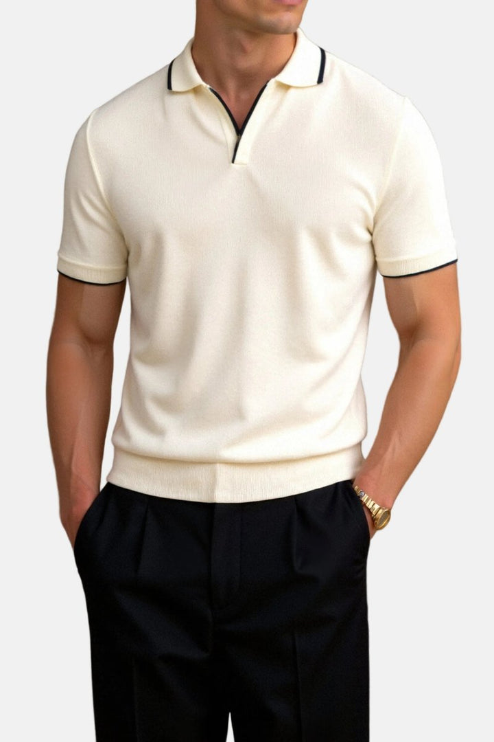 Men's Slim-Fit Open-Collar Knit Polo Shirt Contrast Tipped