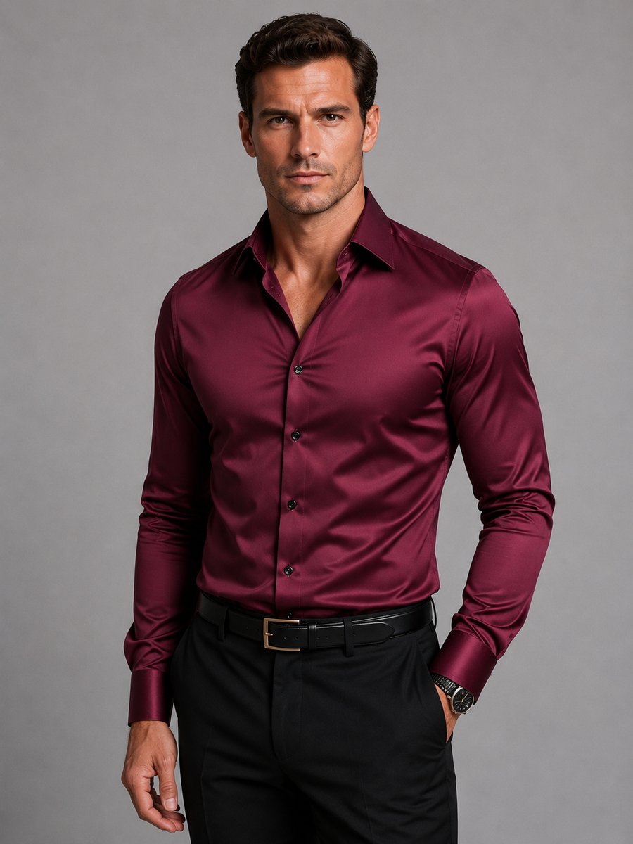 Men's Slim Fit Satin-Feel Stretch Long-Sleeve Shirt