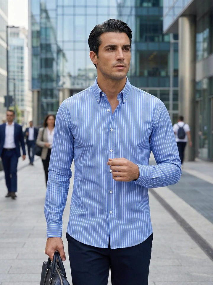 Men's Slim Fit Striped Long-Sleeve Button-Down Shirt