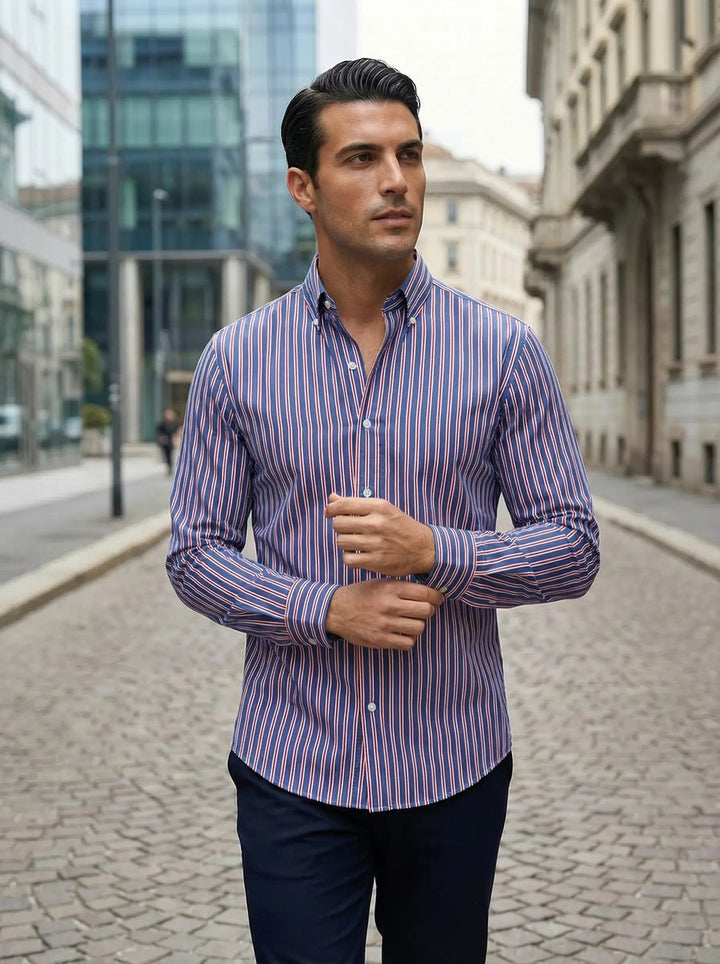 Men's Slim Fit Striped Long-Sleeve Button-Down Shirt