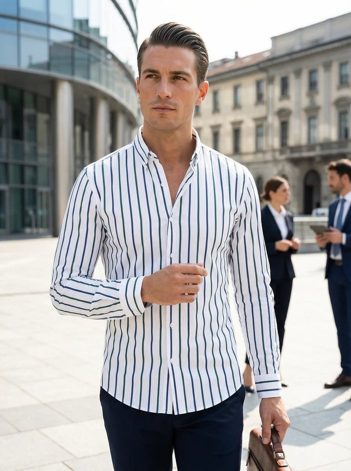 Men's Slim Fit Striped Long-Sleeve Button-Down Shirt