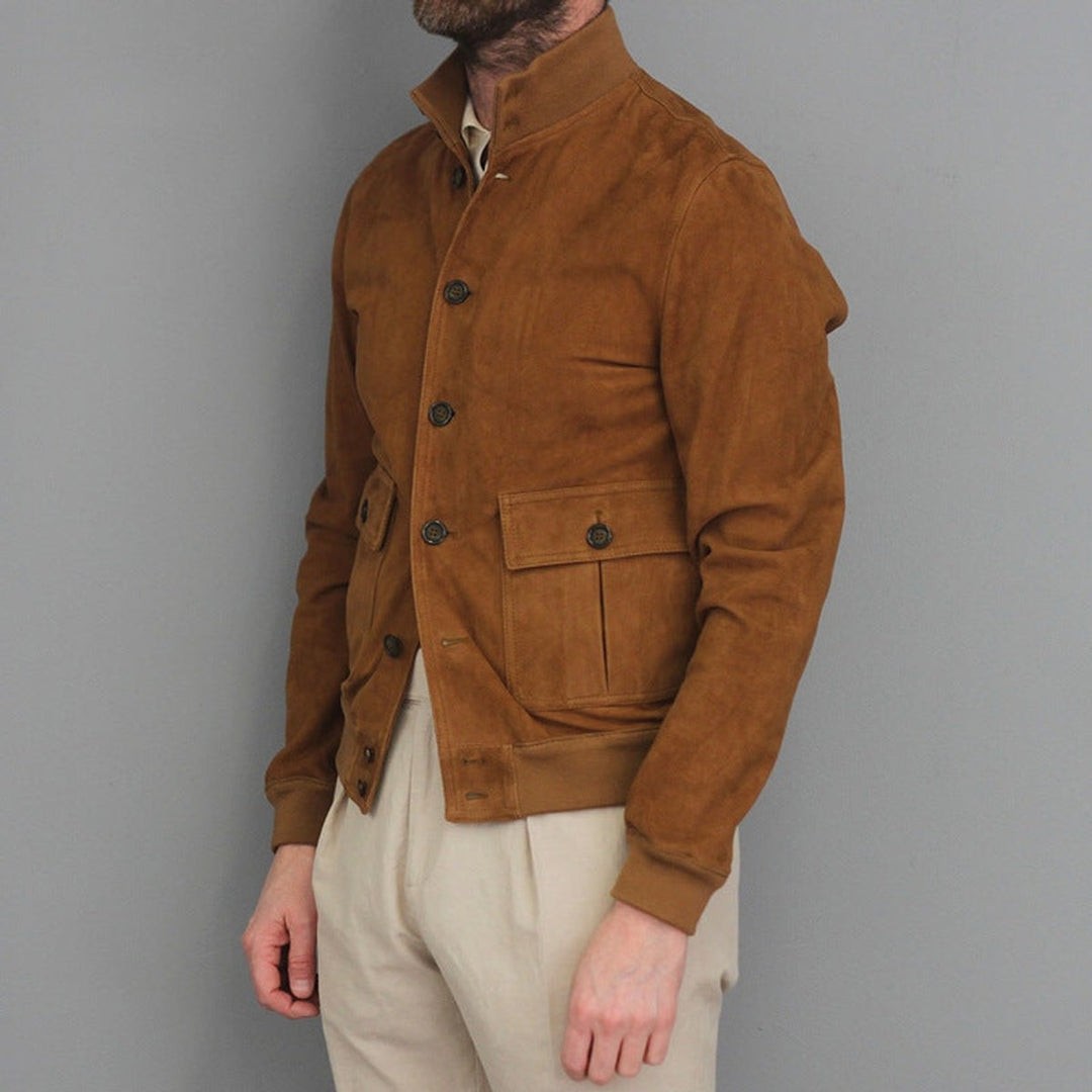 Men's Slim-Fit Suede Bomber Jacket Stand Collar Button-Front