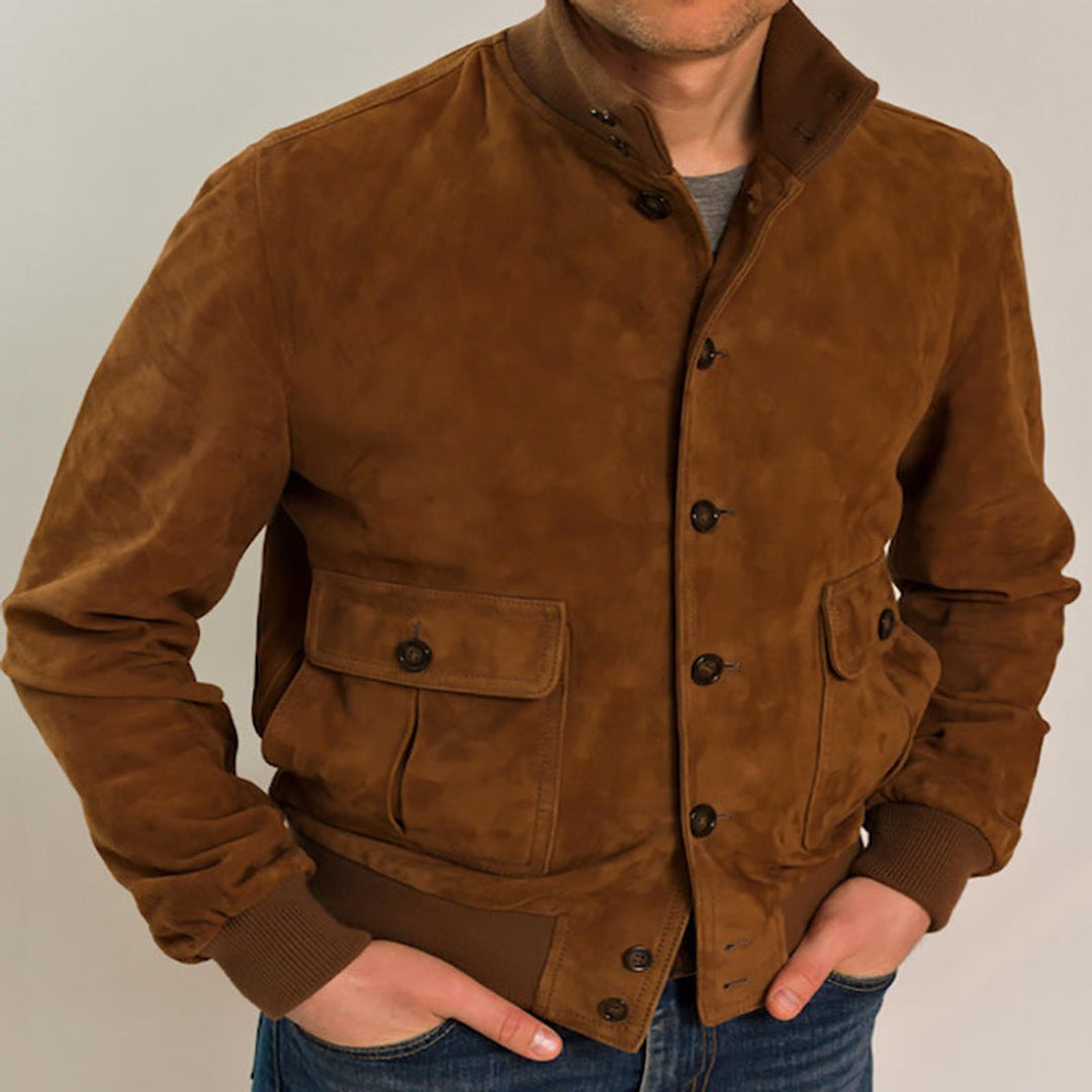 Men's Slim-Fit Suede Bomber Jacket Stand Collar Button-Front