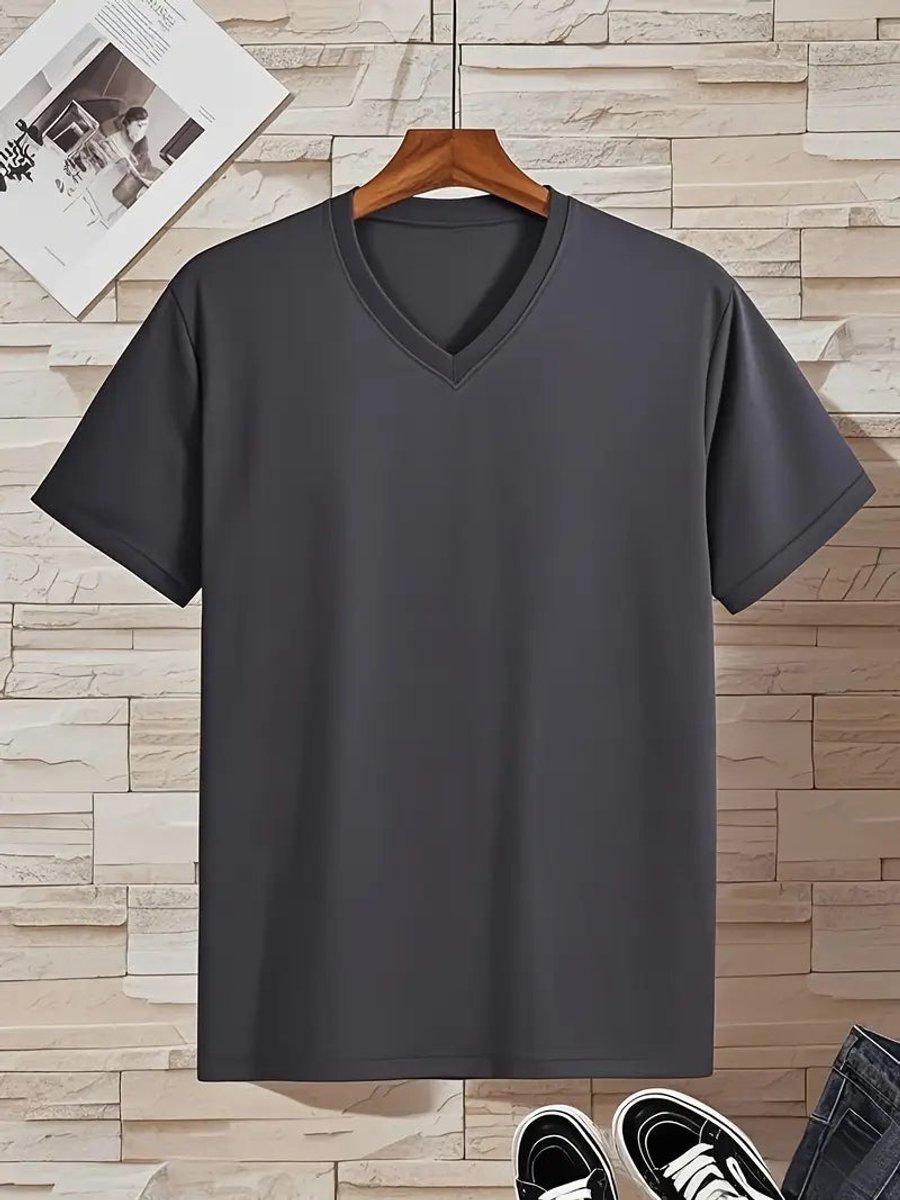 Mens Slim-Fit V-Neck Short-Sleeve T-Shirt Casual Henley Long-Sleeve Style Top