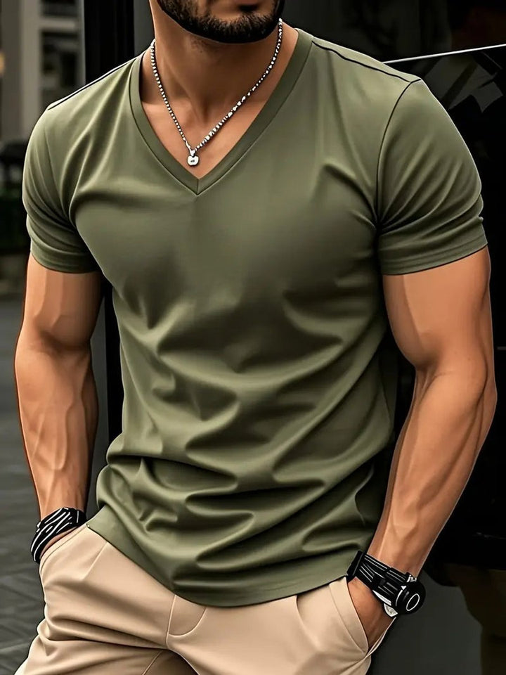 Mens Slim-Fit V-Neck Short-Sleeve T-Shirt Casual Henley Long-Sleeve Style Top