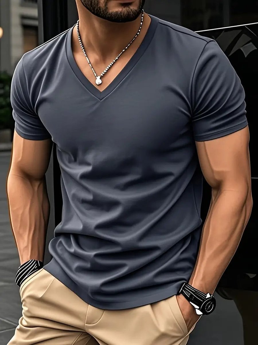 Mens Slim-Fit V-Neck Short-Sleeve T-Shirt Casual Henley Long-Sleeve Style Top