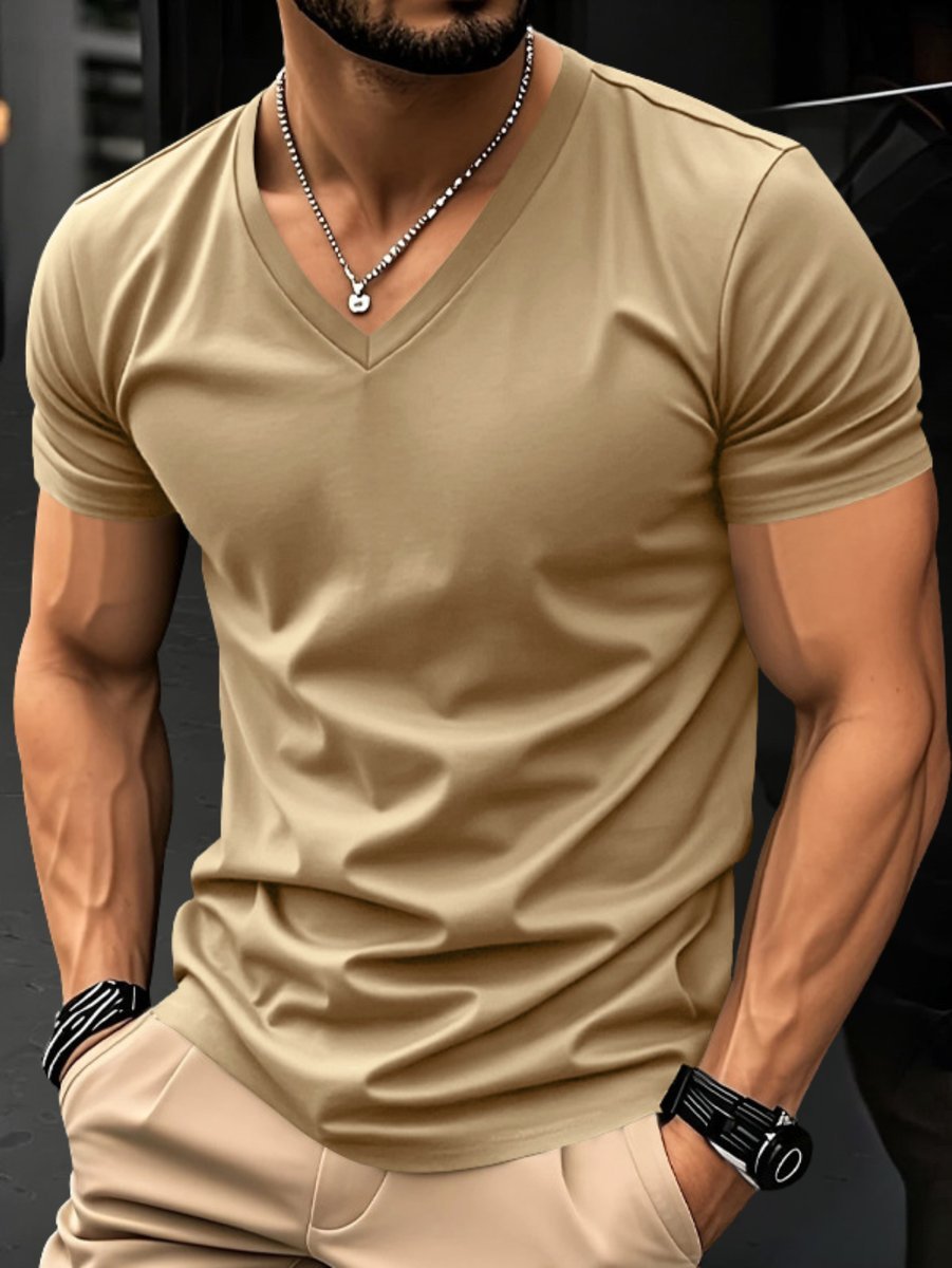 Mens Slim-Fit V-Neck Short-Sleeve T-Shirt Casual Henley Long-Sleeve Style Top