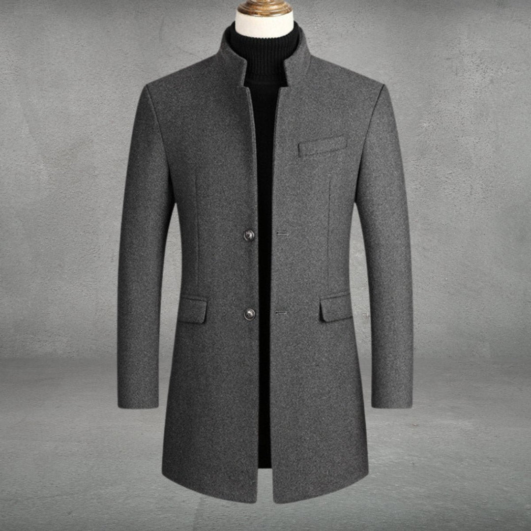 Men's Slim-Fit Wool-Blend Standing-Collar Overcoat Knitted Polo Layer