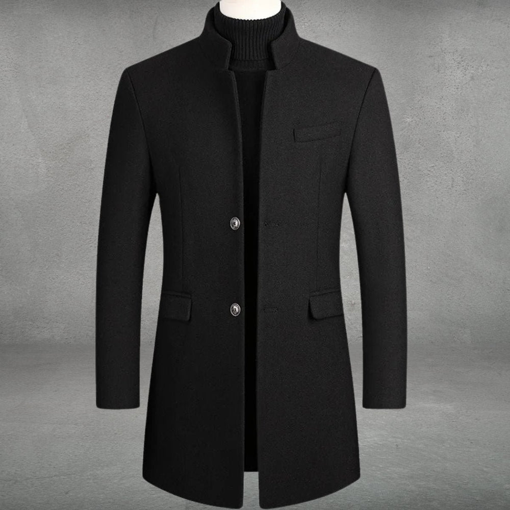 Men's Slim-Fit Wool-Blend Standing-Collar Overcoat Knitted Polo Layer