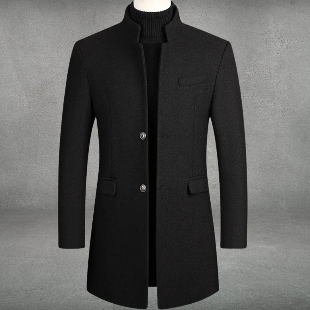 Men's Slim-Fit Wool-Blend Standing-Collar Overcoat Knitted Polo Layer