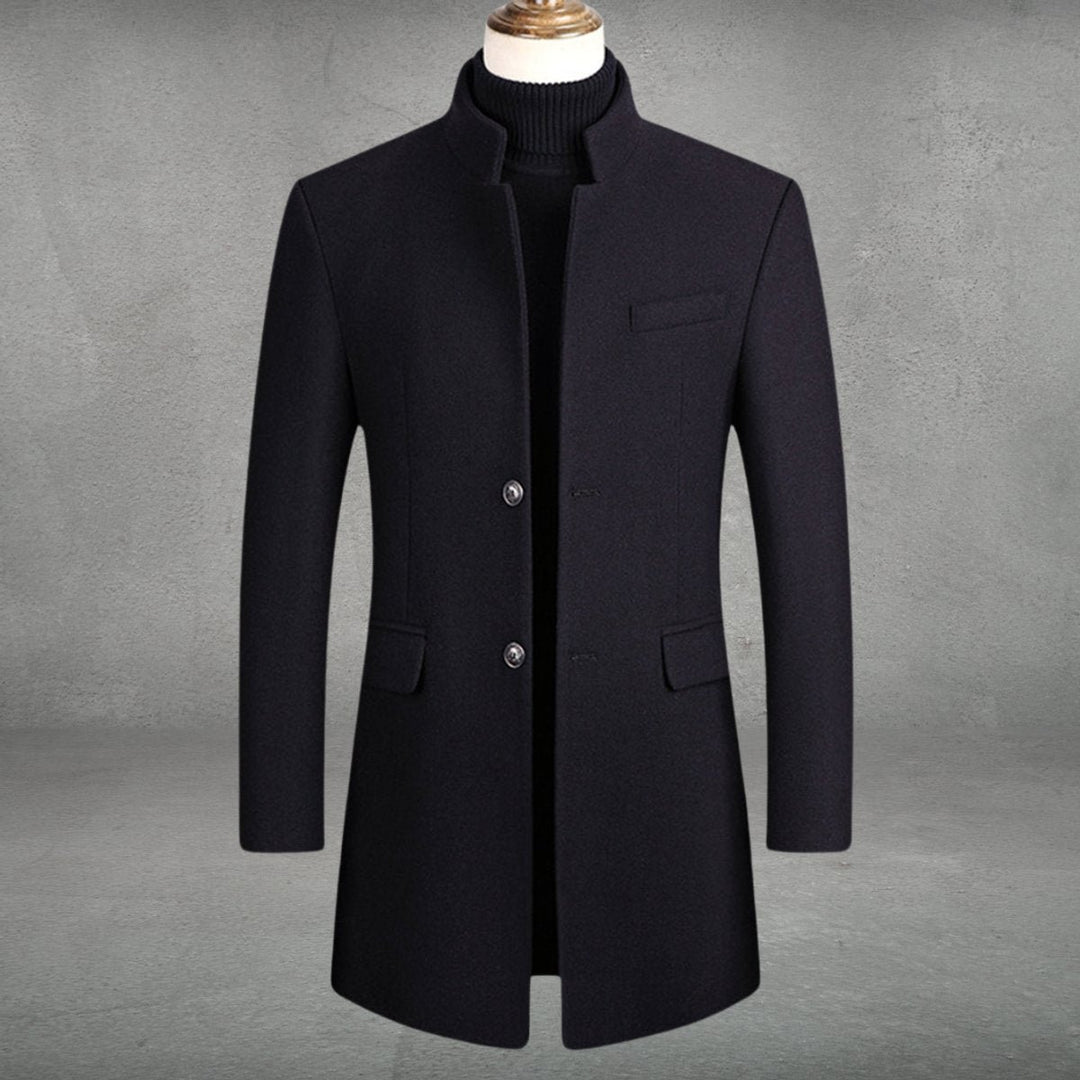 Men's Slim-Fit Wool-Blend Standing-Collar Overcoat Knitted Polo Layer