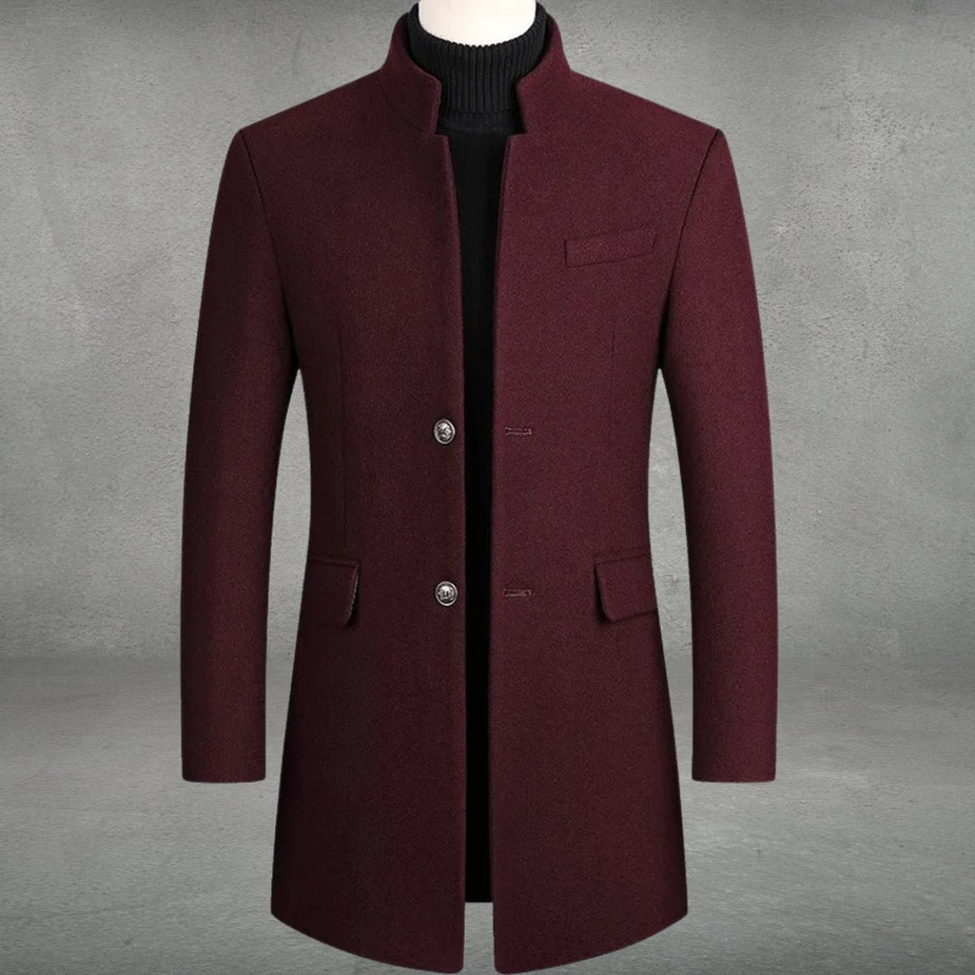 Men's Slim-Fit Wool-Blend Standing-Collar Overcoat Knitted Polo Layer