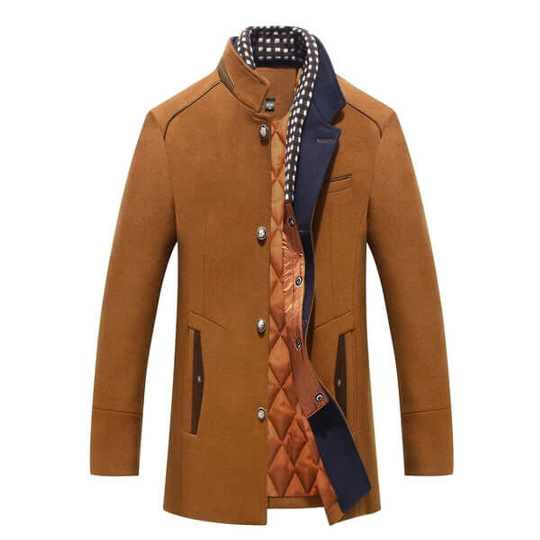 Men's Slim-Fit Wool-Feel Overcoat Detachable Collar Mens Jacket