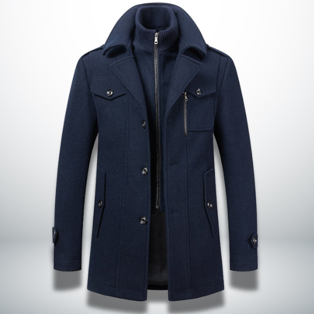 Mens Smart-Casual Wool-Blend Button-Front Overcoat Knitted Zip Inner
