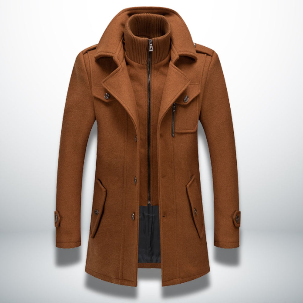 Mens Smart-Casual Wool-Blend Button-Front Overcoat Knitted Zip Inner