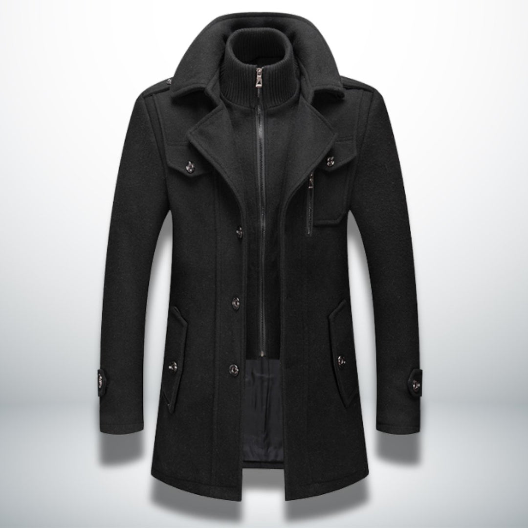 Mens Smart-Casual Wool-Blend Button-Front Overcoat Knitted Zip Inner