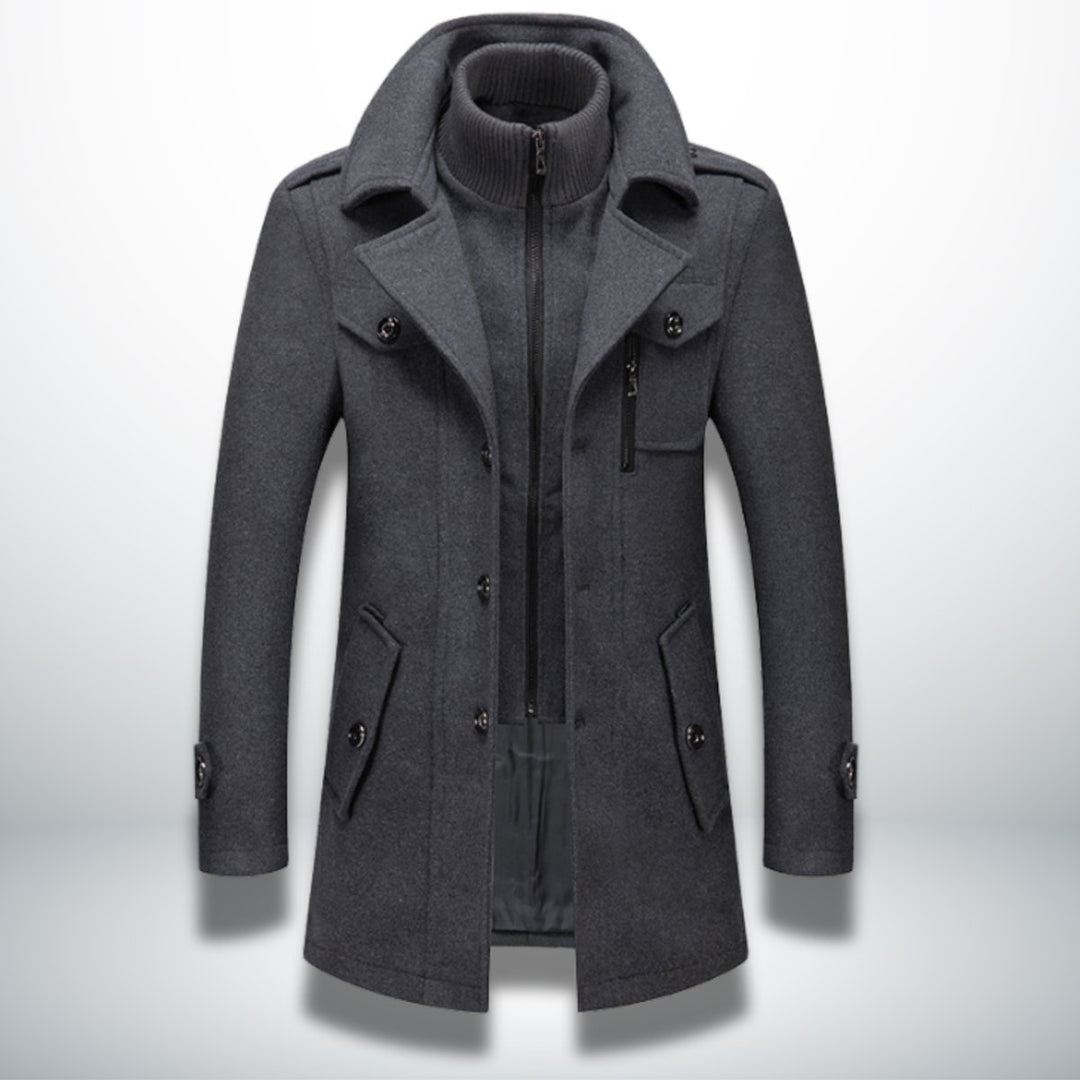 Mens Smart-Casual Wool-Blend Button-Front Overcoat Knitted Zip Inner