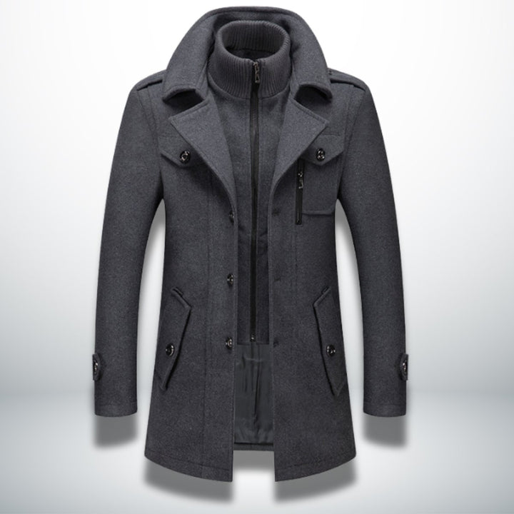 Mens Smart-Casual Wool-Blend Button-Front Overcoat Knitted Zip Inner