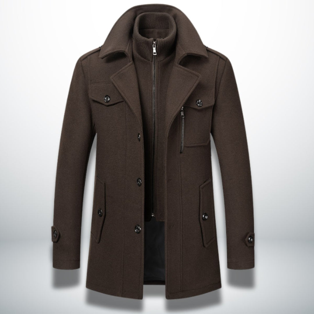 Mens Smart-Casual Wool-Blend Button-Front Overcoat Knitted Zip Inner