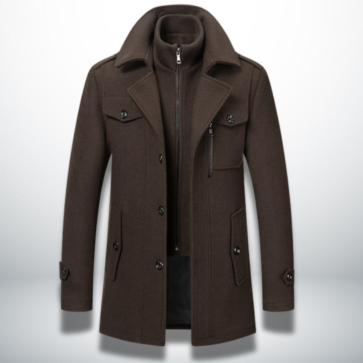 Mens Smart-Casual Wool-Blend Button-Front Overcoat Knitted Zip Inner