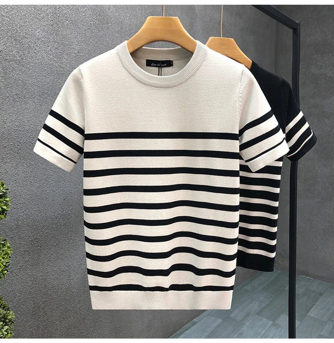 Mens Striped Crewneck Knitted Jumper Short Sleeve Cotton Knitwear