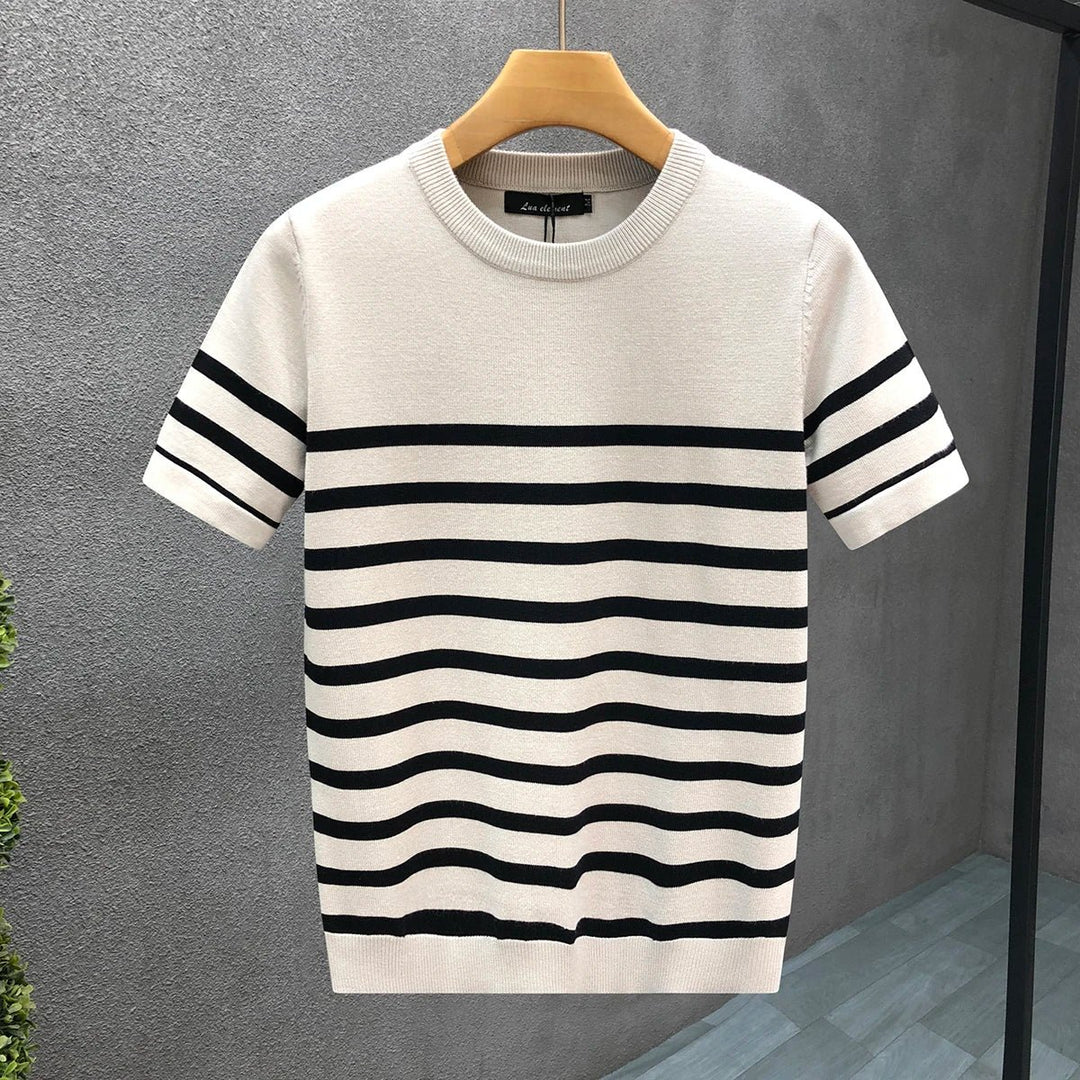 Mens Striped Crewneck Knitted Jumper Short Sleeve Cotton Knitwear
