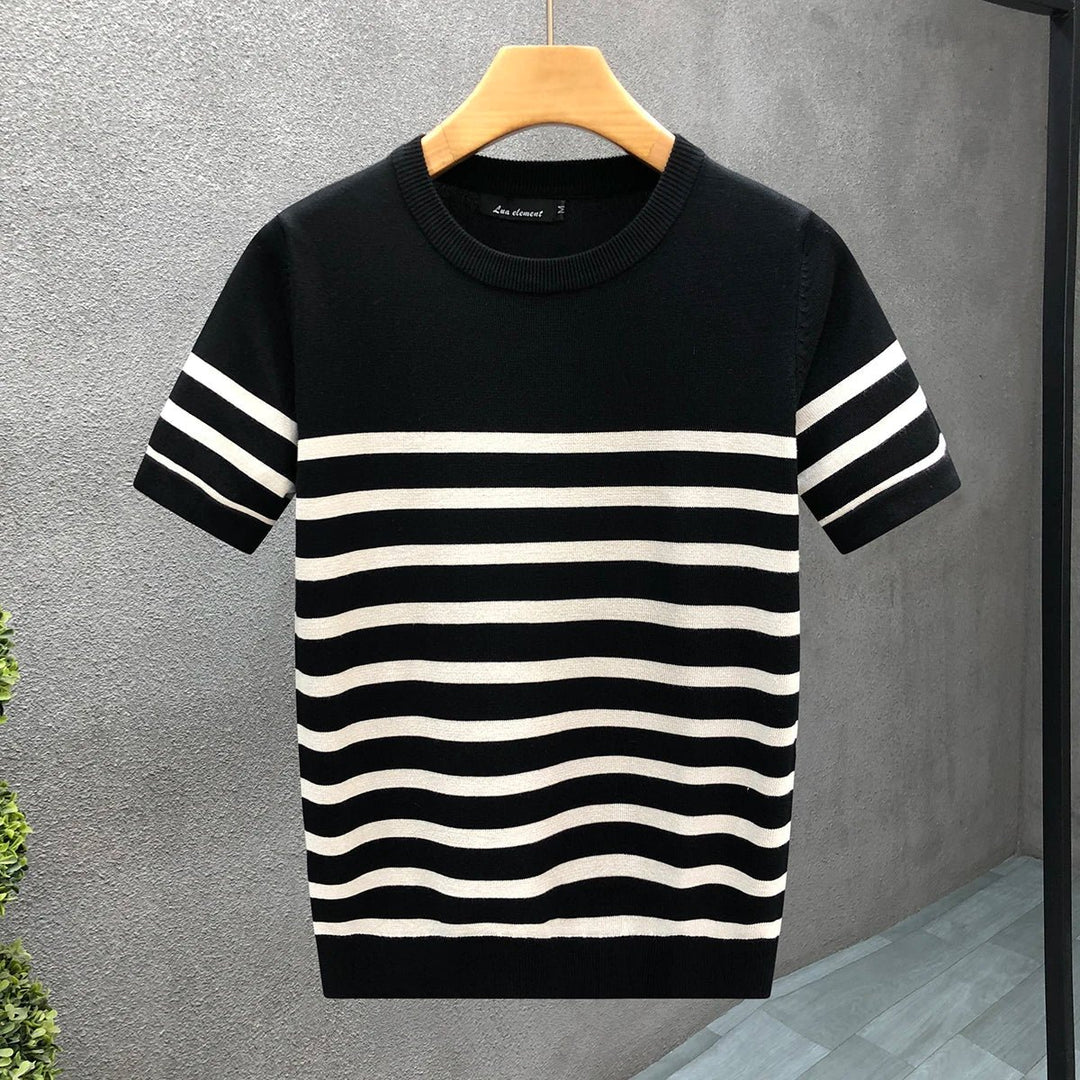 Mens Striped Crewneck Knitted Jumper Short Sleeve Cotton Knitwear