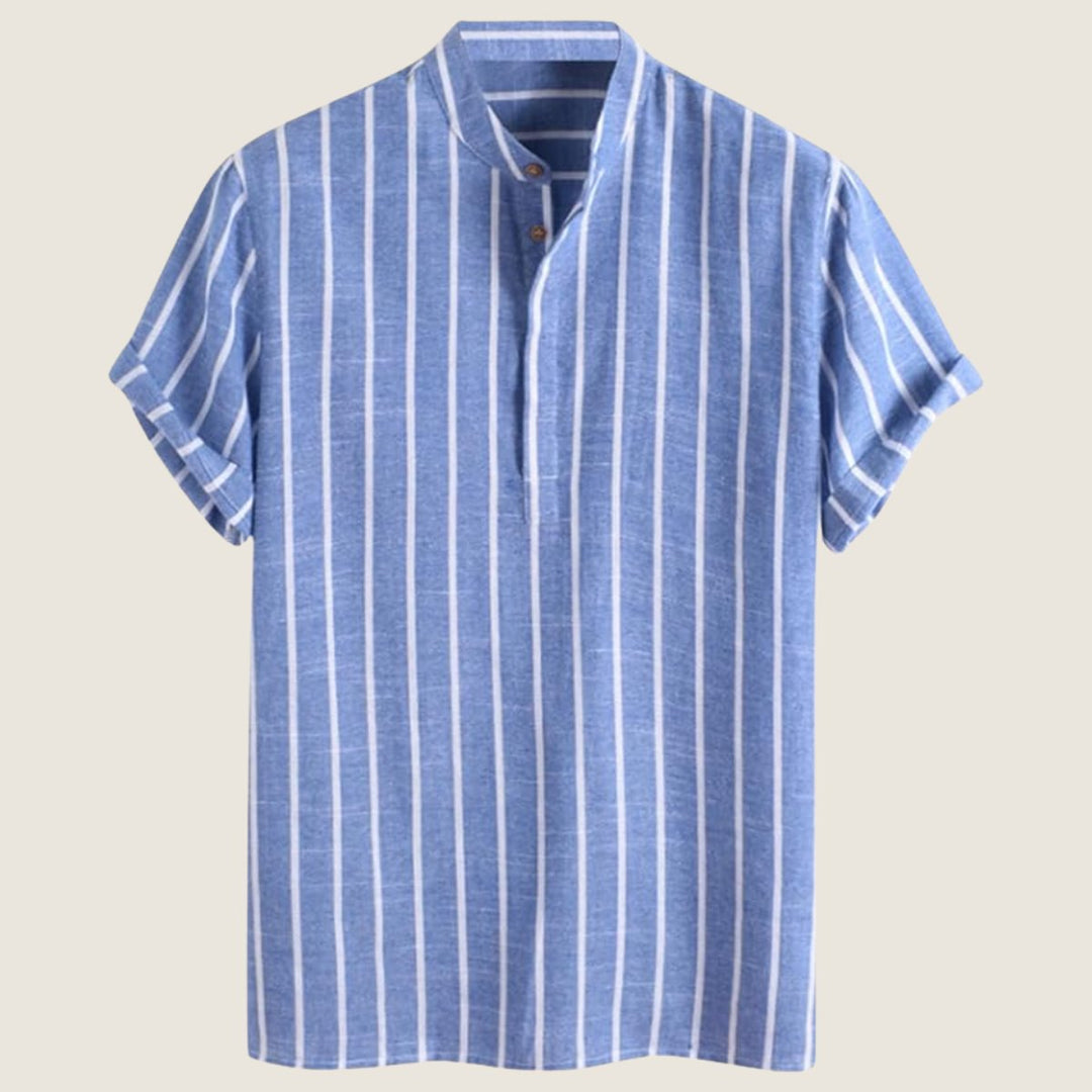 Men's Striped Henley Short-Sleeve Grandad Collar Shirt
