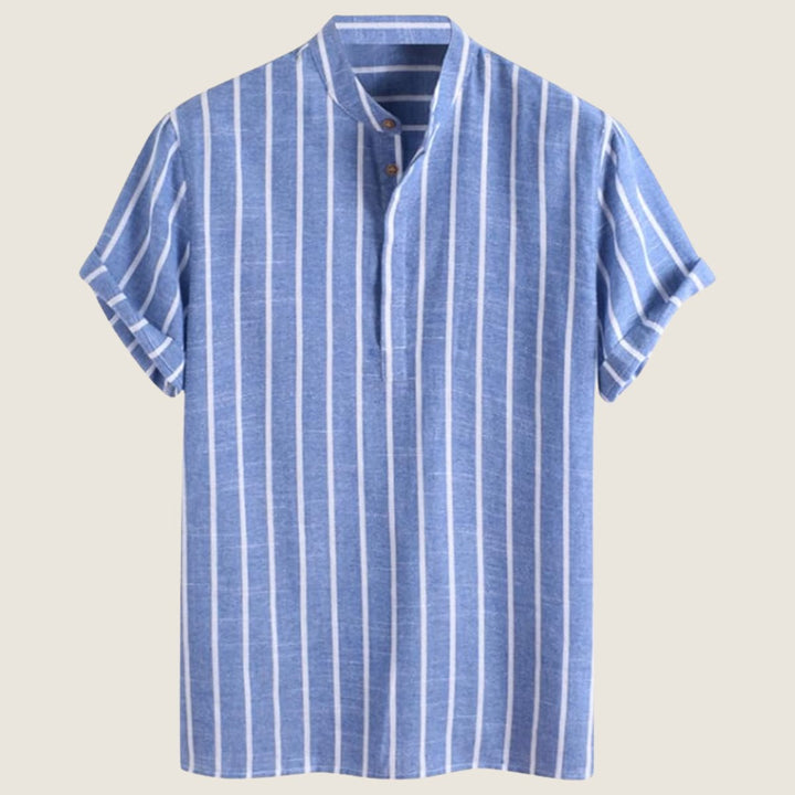 Men's Striped Henley Short-Sleeve Grandad Collar Shirt
