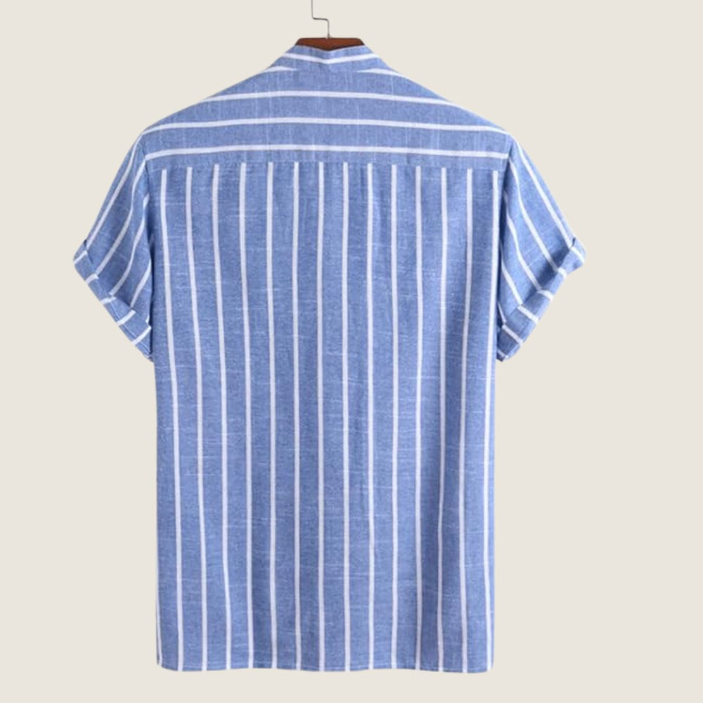 Men's Striped Henley Short-Sleeve Grandad Collar Shirt