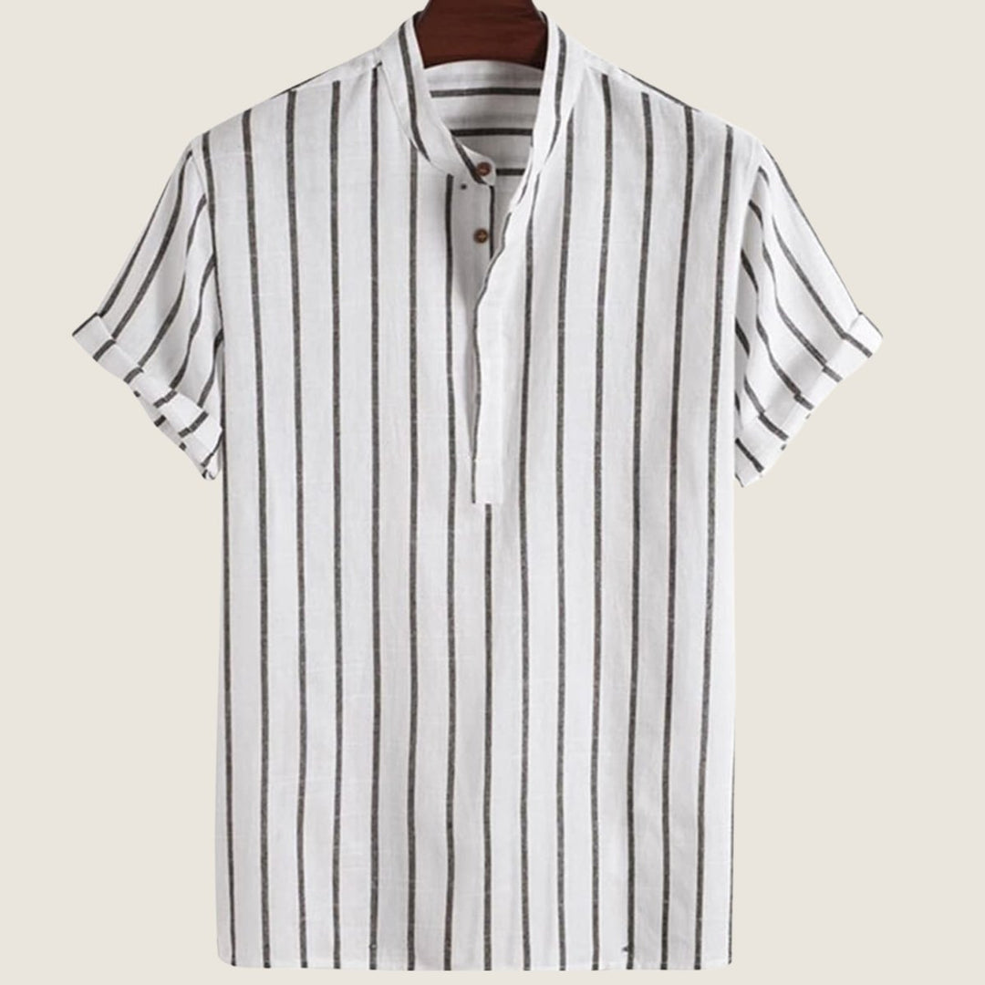 Men's Striped Henley Short-Sleeve Grandad Collar Shirt