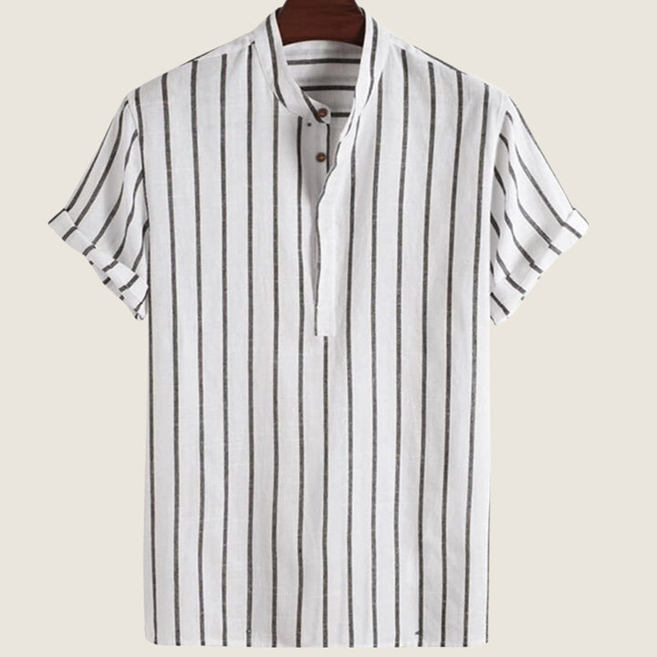 Men's Striped Henley Short-Sleeve Grandad Collar Shirt