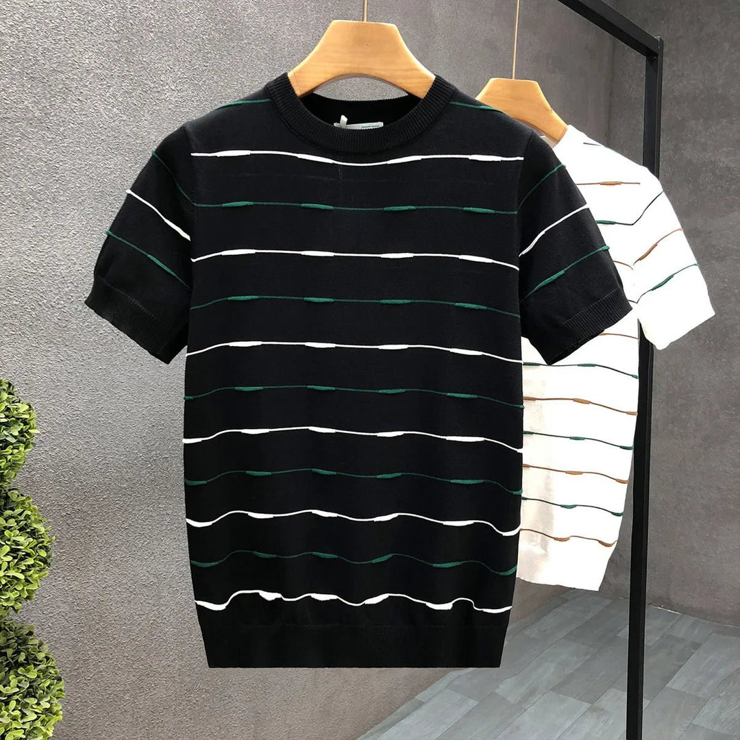 Men's Striped Knitted Crewneck Jumper Soft Cotton Knitwear
