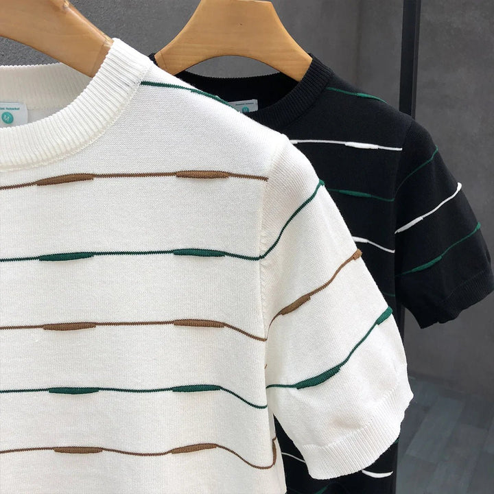 Men's Striped Knitted Crewneck Jumper Soft Cotton Knitwear