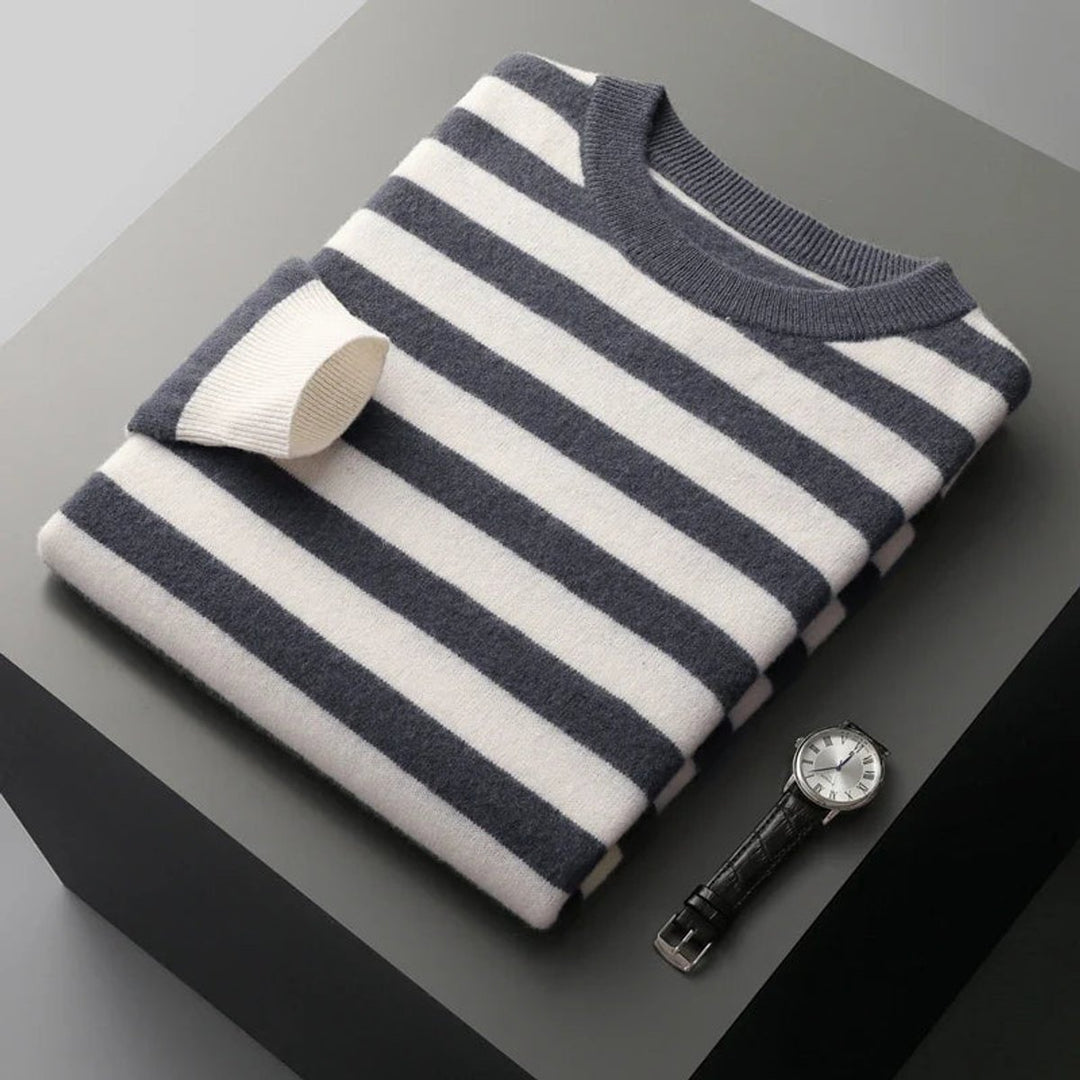 Mens Striped Knitted Jumper Ribbed Crew Neck Soft-Touch Pullover