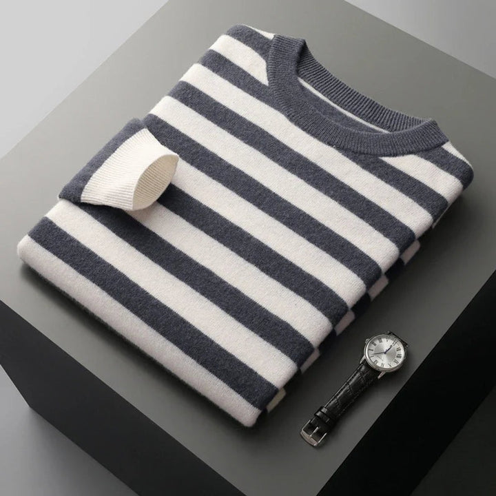 Mens Striped Knitted Jumper Ribbed Crew Neck Soft-Touch Pullover