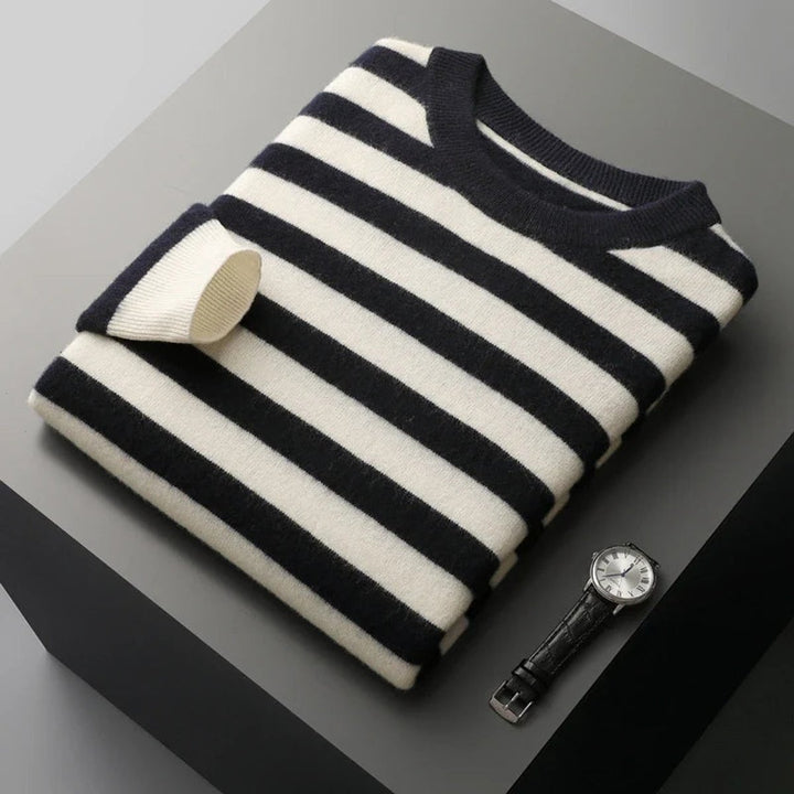 Mens Striped Knitted Jumper Ribbed Crew Neck Soft-Touch Pullover
