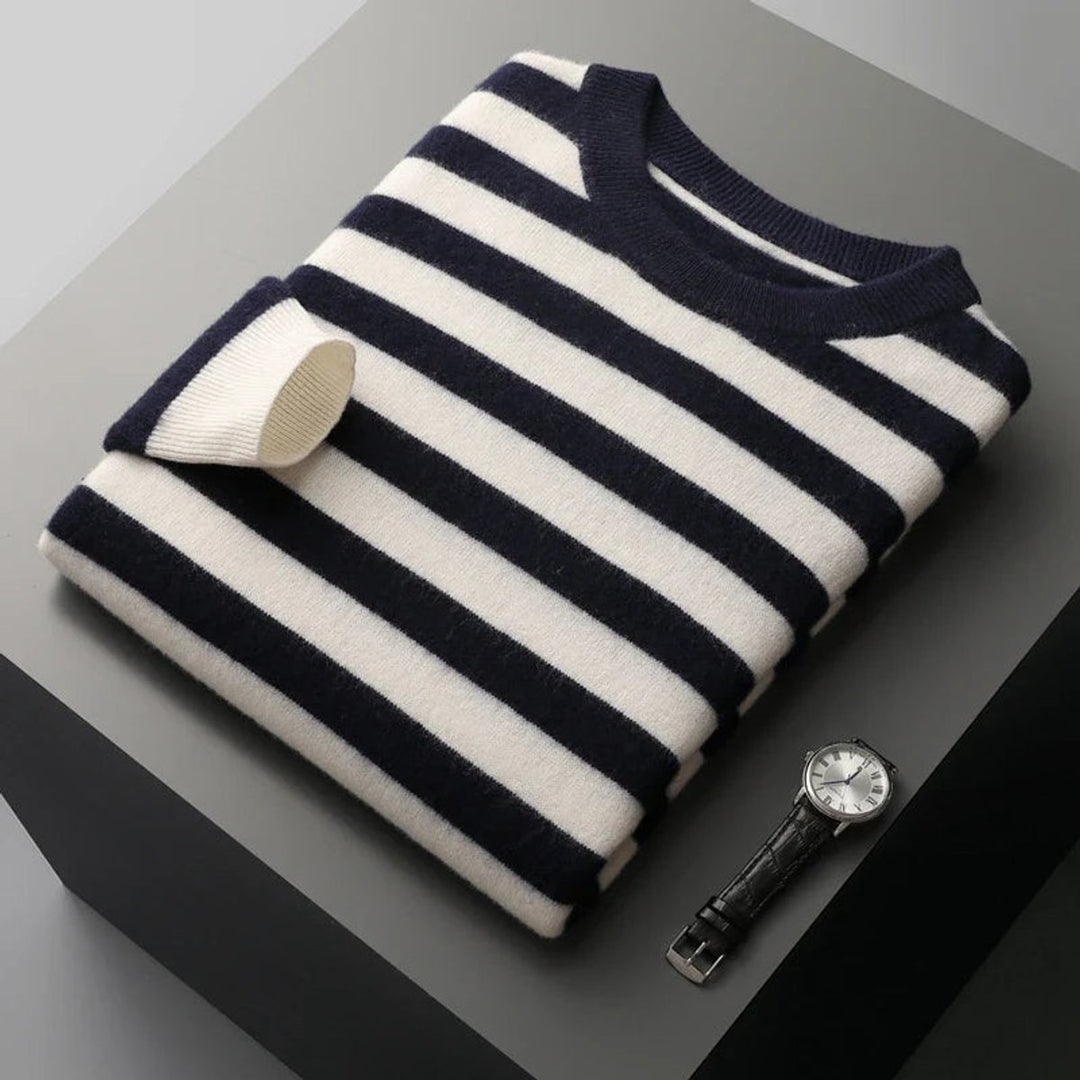 Mens Striped Knitted Jumper Ribbed Crew Neck Soft-Touch Pullover