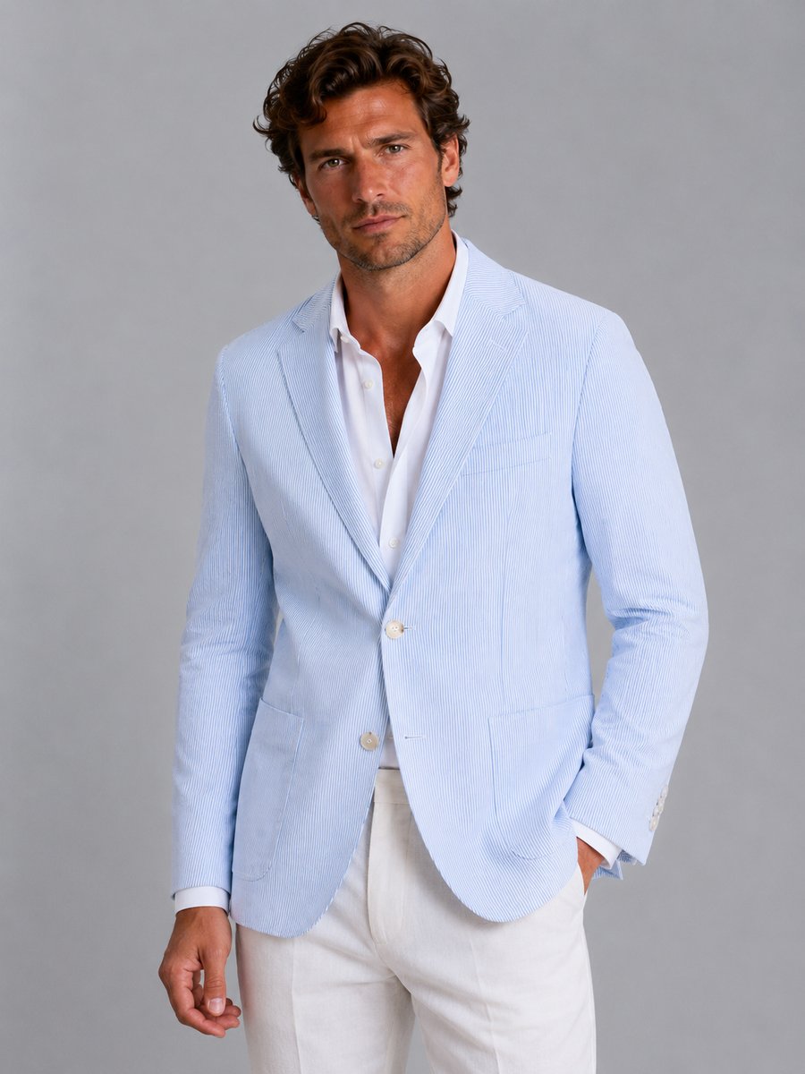 Men's Striped Seersucker Tailored Blazer Lightweight Summer Jacket