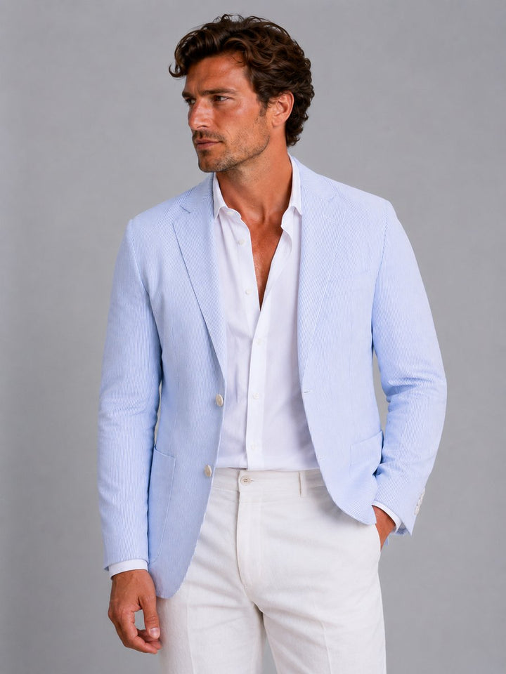 Men's Striped Seersucker Tailored Blazer Lightweight Summer Jacket