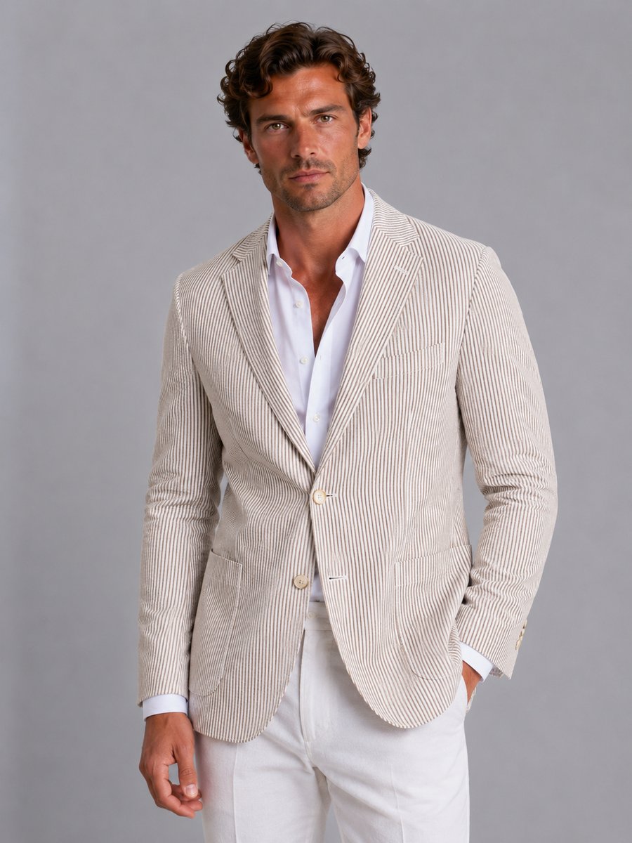 Men's Striped Seersucker Tailored Blazer Lightweight Summer Jacket