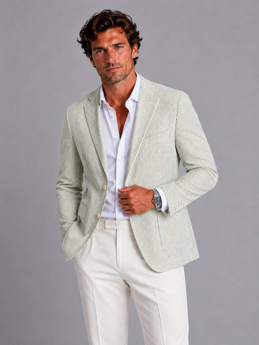 Men's Striped Seersucker Tailored Blazer Lightweight Summer Jacket