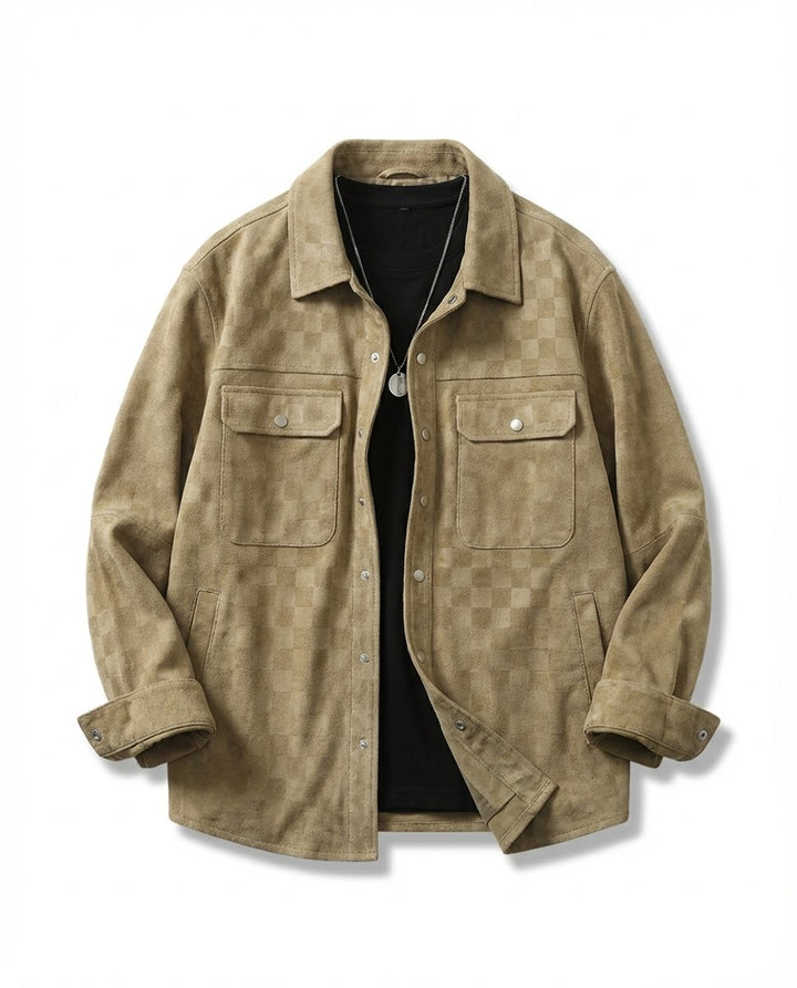 Mens Suede Checked Overshirt Jacket Snap Button Shacket