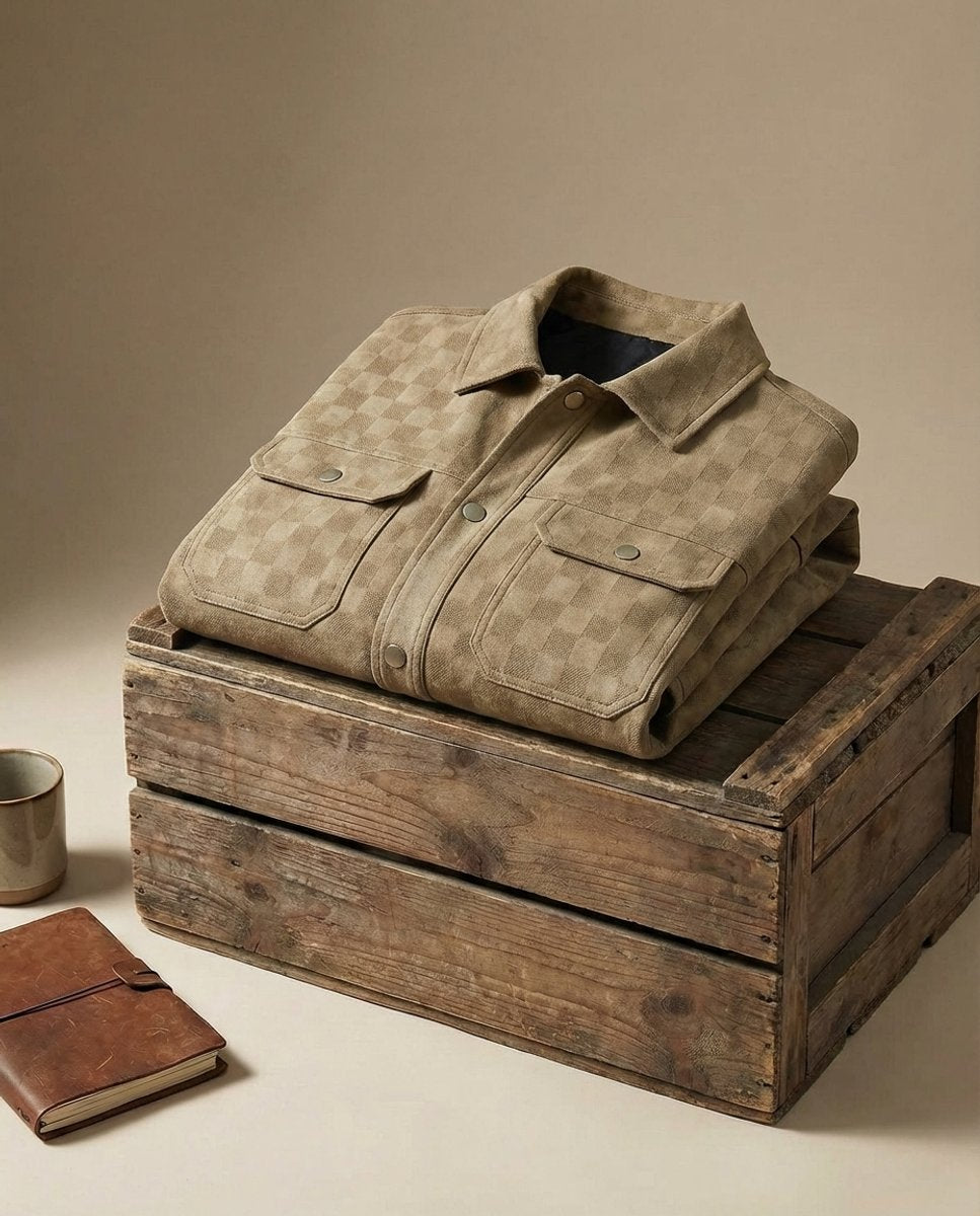 Mens Suede Checked Overshirt Jacket Snap Button Shacket