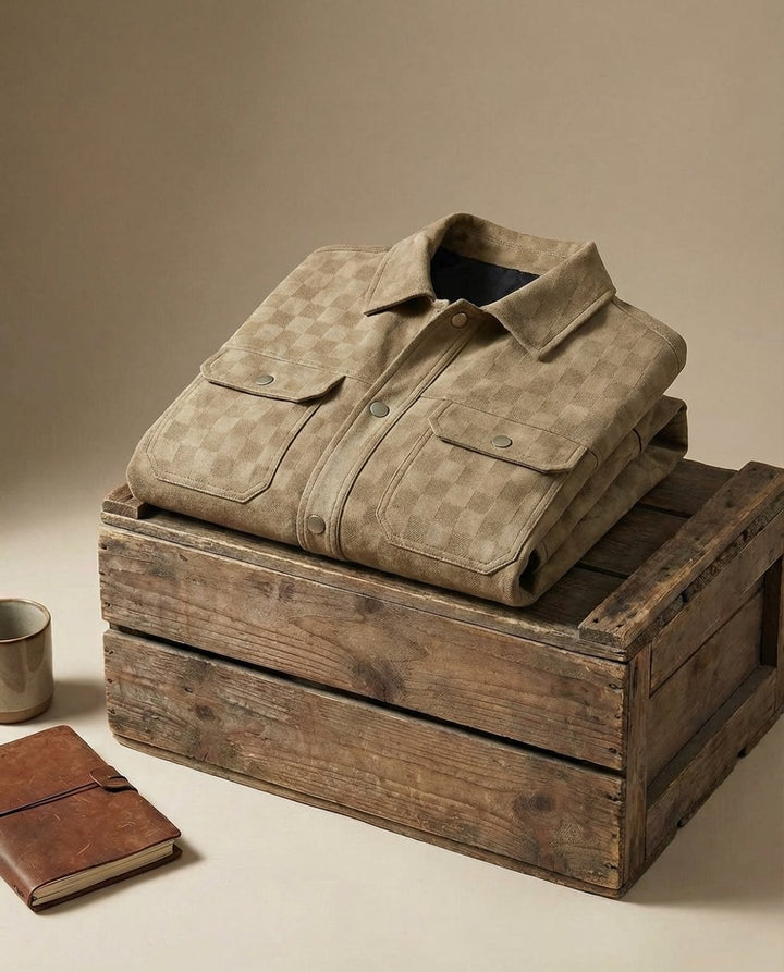 Mens Suede Checked Overshirt Jacket Snap Button Shacket